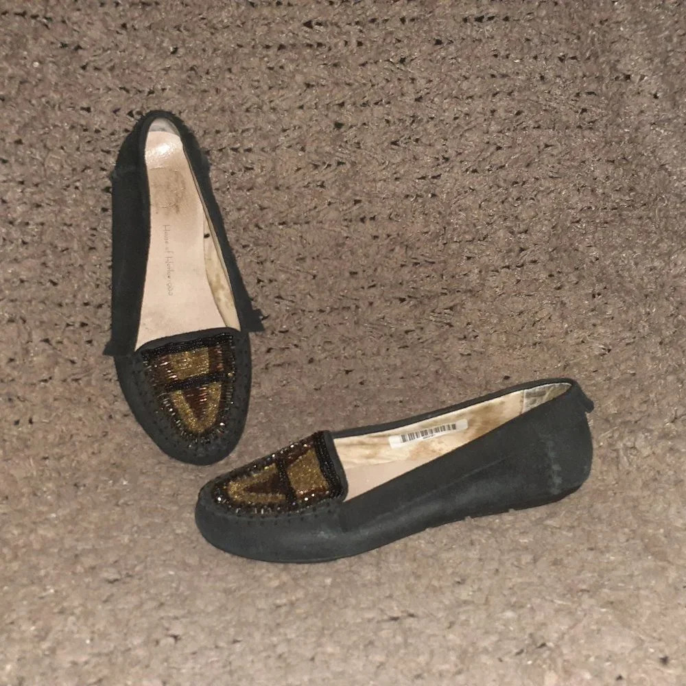 HOUSE OF HARLOW-1960 Millie-Black Suede Beaded Moccasins-Size 36-Excellent